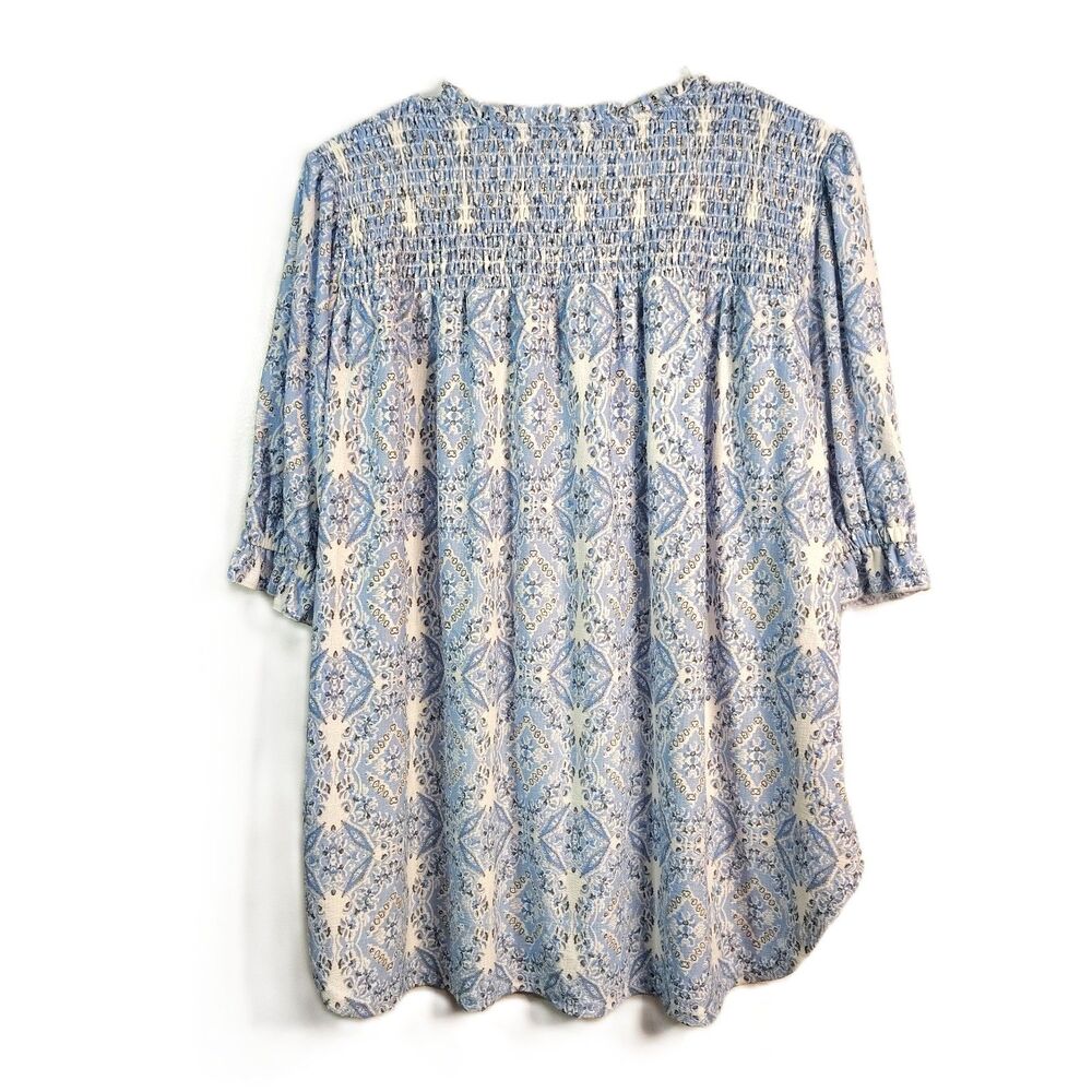 Melloday Boho Smocked Blouse Blue White Tie Neck Stretch Top Women Large - Picture 3 of 6